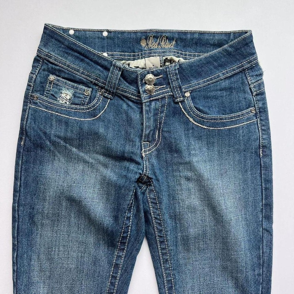 Y2K Red Rivet Low Rise Bootcut Jeans With Embellished Pockets - Picture 6 of 7